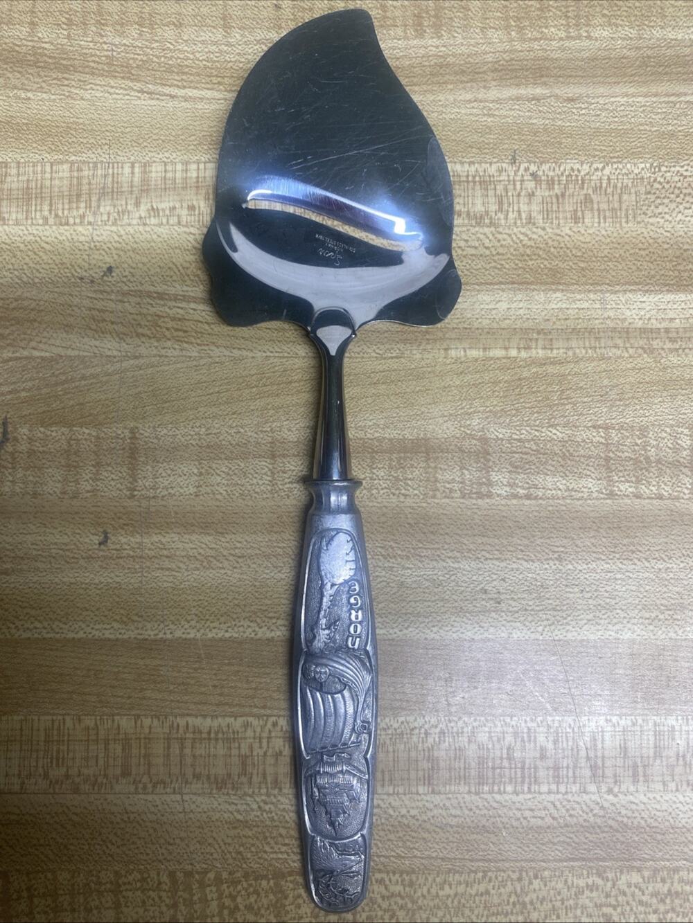 Vintage Spar Norway Stainless Steel & Pewter Cheese Slicer Viking Motif Heavy
